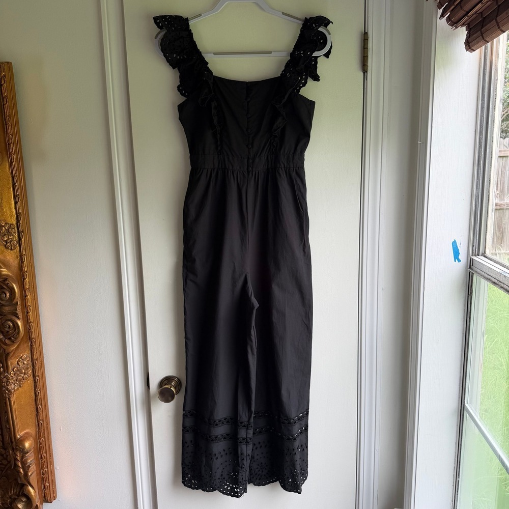 Madewell Black Cotton Eyelet Ruffle Strap Wide Leg Jumpsuit Size 0
